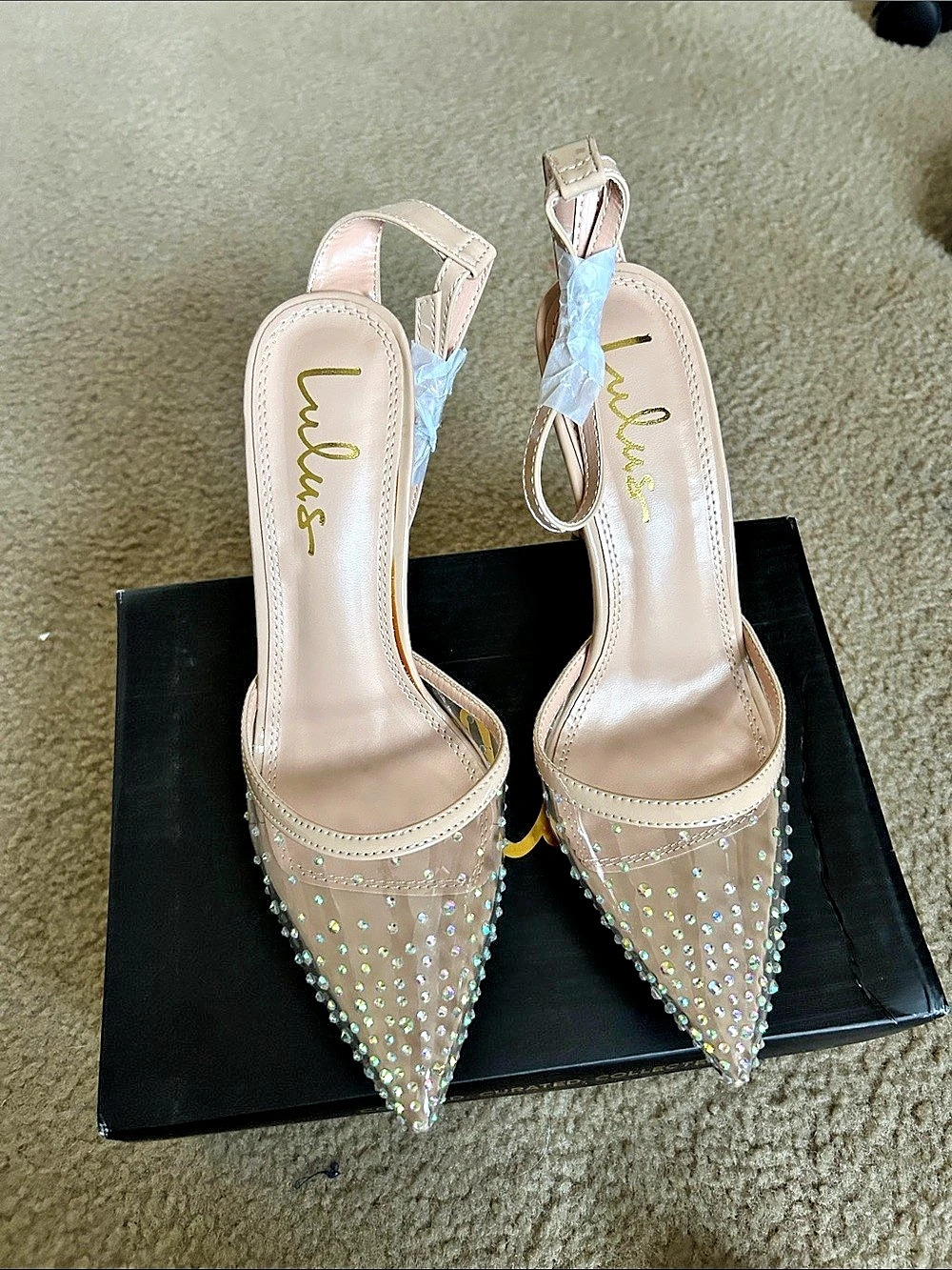Keiza Light Nude Patent Rhinestone Pointed-Toe Ankle Strap Pumps